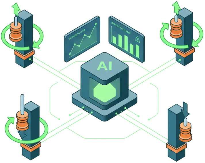A drawing of plunger wells connected to a AI controller