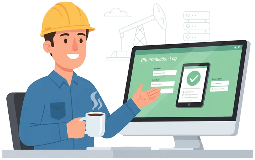 A drawing of a field Operator happily sitting in front of a computer