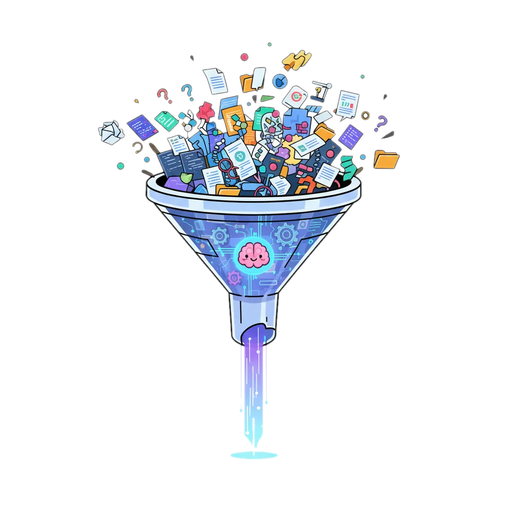 A Funnel of scrambled information converging into a clean stream of answers